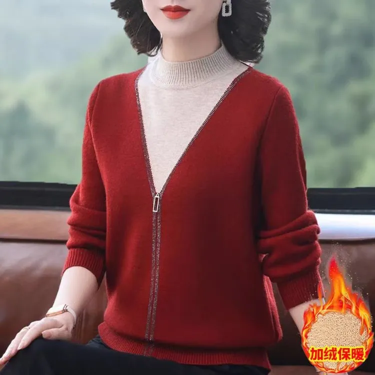 冬季新款时尚减龄中老年女装上衣洋气妈妈装假两件套头针织衫9657