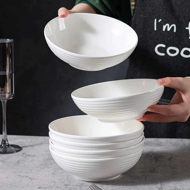 瓷县令7英寸纯白横纹碗4只装牛肉面餐具碗创意商用家用大碗简约