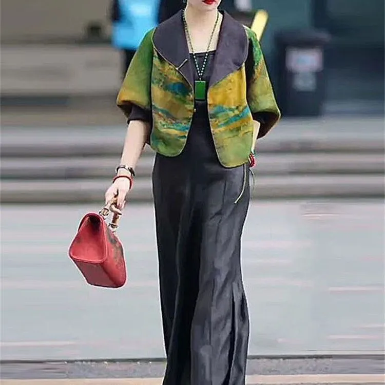 洋气女装香云纱印花披肩外套2025夏季新款长袖高档仿潮品缎面开衫