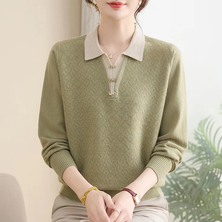 中老年秋装洋气长袖针织衫打底小衫上衣妈妈女装时尚新款翻领毛衣