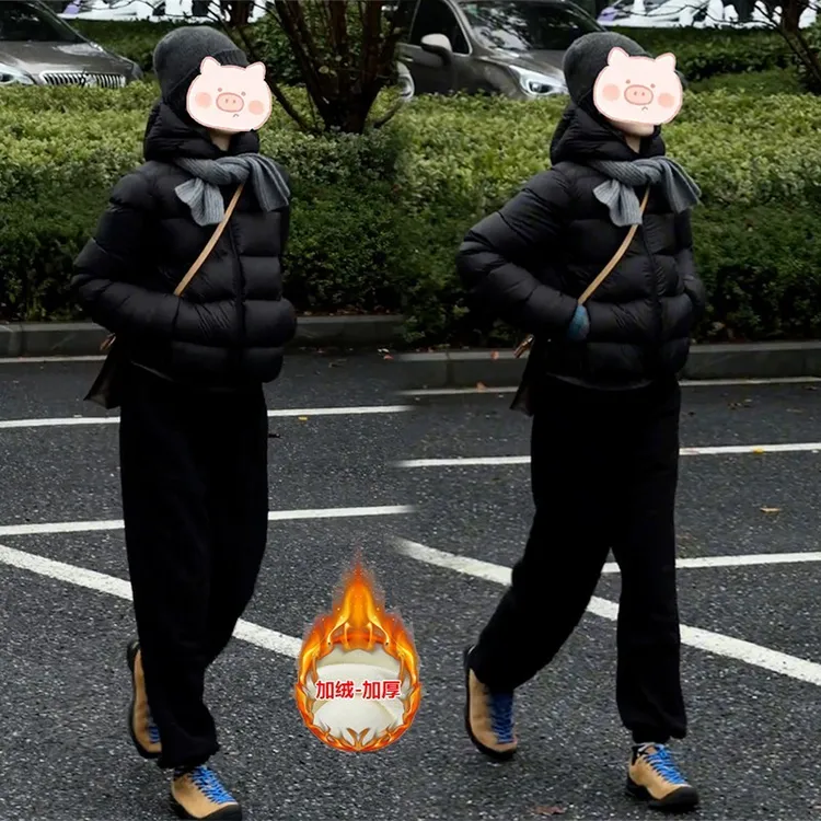 2025年冬季慵懒风穿搭连帽设计感修身棉服外套加绒休闲裤两件套潮