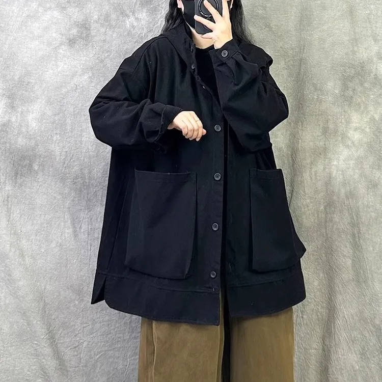 高级感时尚大码中长款连帽风衣休闲个性外套宽松藏肉显瘦百搭开衫