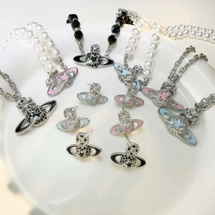 甜酷珍珠微镶土星珐琅吊坠锁骨链耳钉女时尚轻奢气质百搭项链耳饰