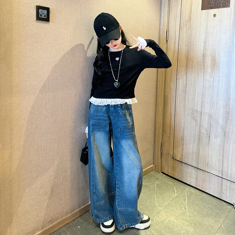 儿童套装2025新款女孩春秋甜酷蕾丝花边打底衫女童时髦烫钻牛仔裤
