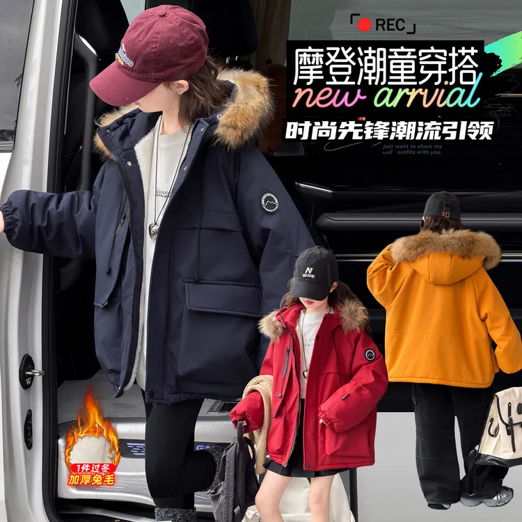 女童2025年冬季加棉加绒外套派克服棉衣秋冬加绒儿童衣服秋冬款