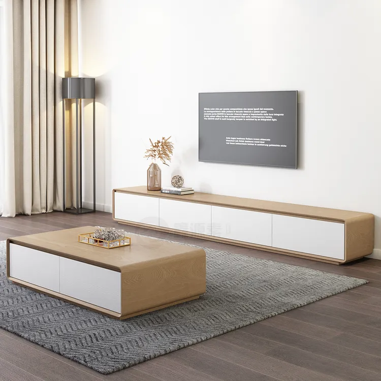 实木落地电视柜茶几组合现代简约客厅家用小户型原木白色电视机柜