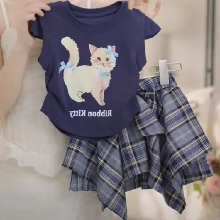韩女童卡通猫咪蝴蝶结T恤+不规则格子半身裙套装中小童短袖裙子夏