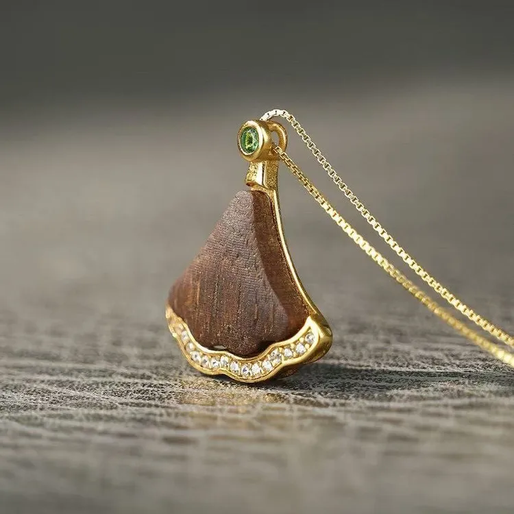 坠链均925银木质 新款时尚挂脖高级环形银杏叶吊坠香气吊坠