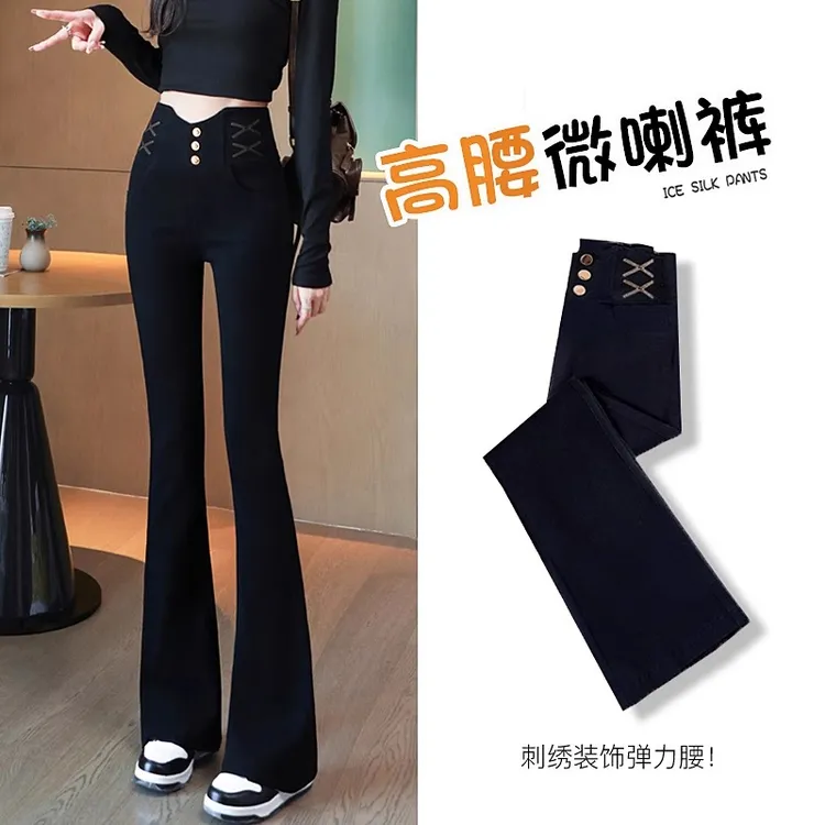 刺绣弹力松紧高腰打底裤女2025秋冬加绒外穿微喇叭裤显瘦复古长裤