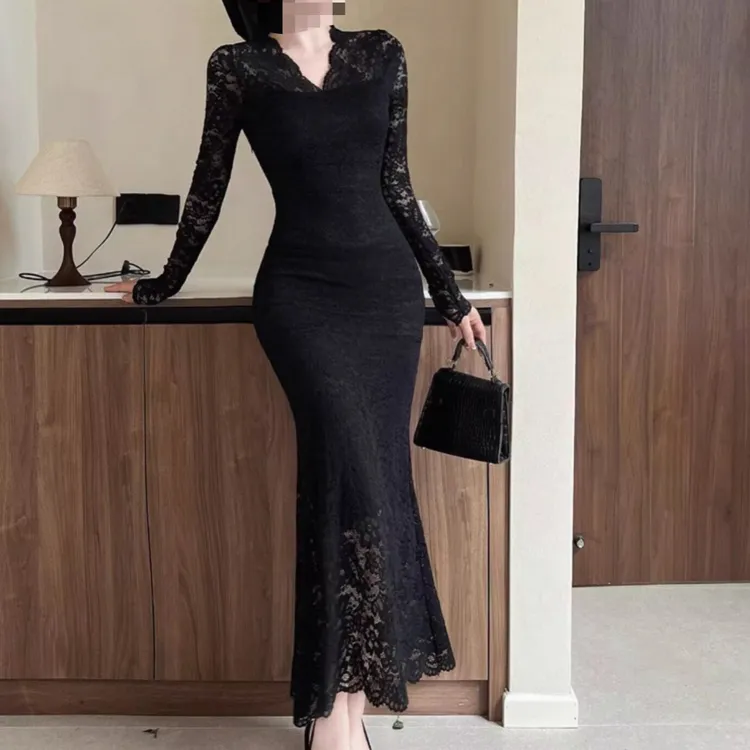 大码轻熟风蕾丝花边连衣裙女收腰性感包臀裙气质长裙子4440