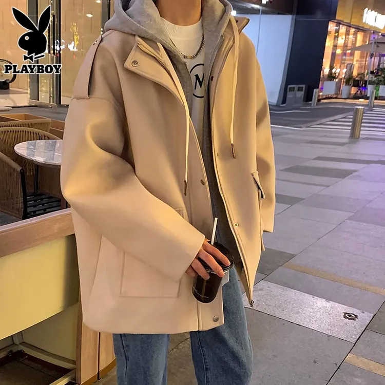 花花公子花花公子秋冬季假两件毛呢大衣男士潮流宽松连帽工装呢子