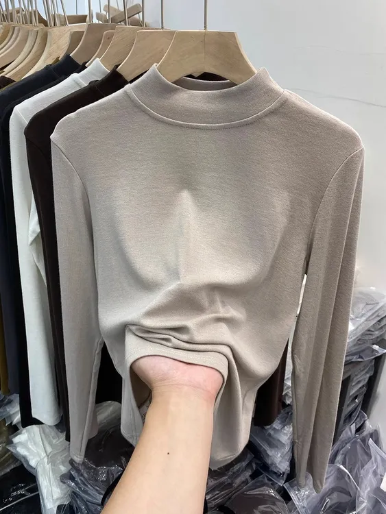 半高领长袖T恤女洋气秋冬新款加绒修身纯棉小衫内搭打底衫上衣潮