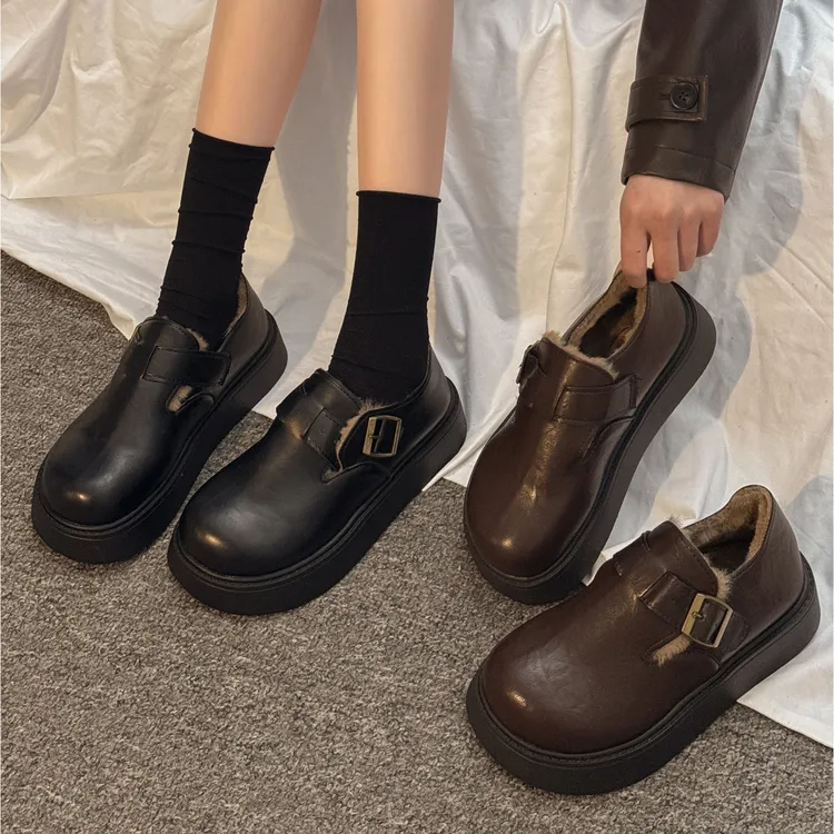 贾不假复古加绒厚底勃肯鞋女2025新款冬季一脚蹬乐福鞋小个子增高