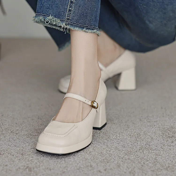 7cm~小个子厚底粗跟高跟鞋女真皮文艺复古方头一字带玛丽珍单鞋女