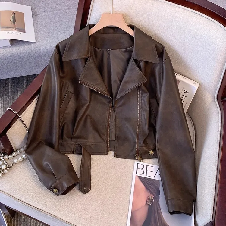 美拉德棕咖色皮衣外套女士短款2026年早秋季新西装翻领机车服夹克
