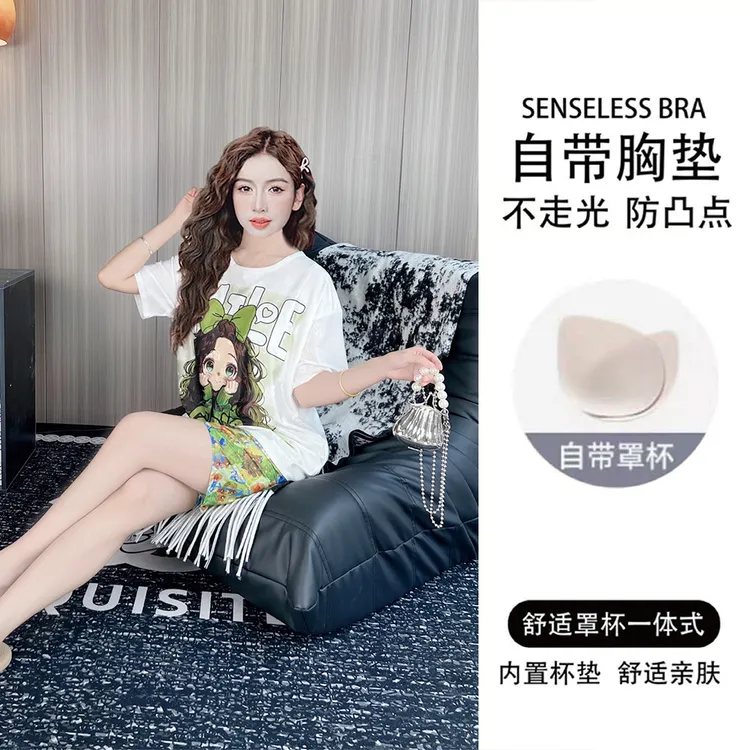 带胸垫夏季提花冰丝睡衣女短袖薄款三件套宽松卡通家居服套装夏天