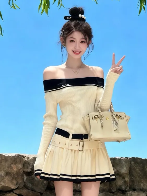 小香风一字肩针织连衣裙女2025秋冬法式高级感收腰修身千金风短裙
