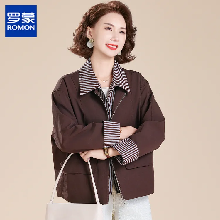 罗蒙妈妈秋装外套大码条纹夹克50多岁中老年女春秋洋气假两件上衣