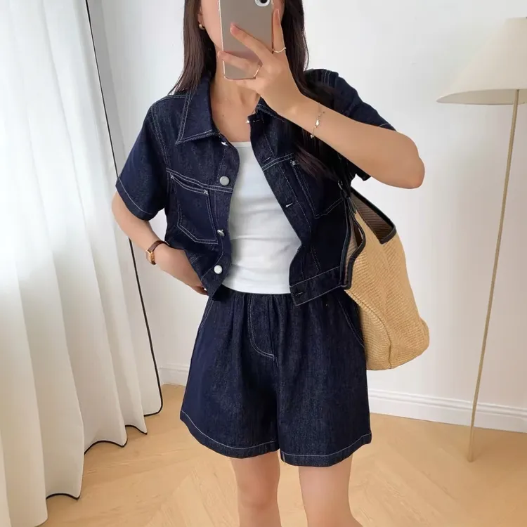 牛仔衬衣套装女夏季2025新款短袖短裤小个子高级感短裤两件套潮