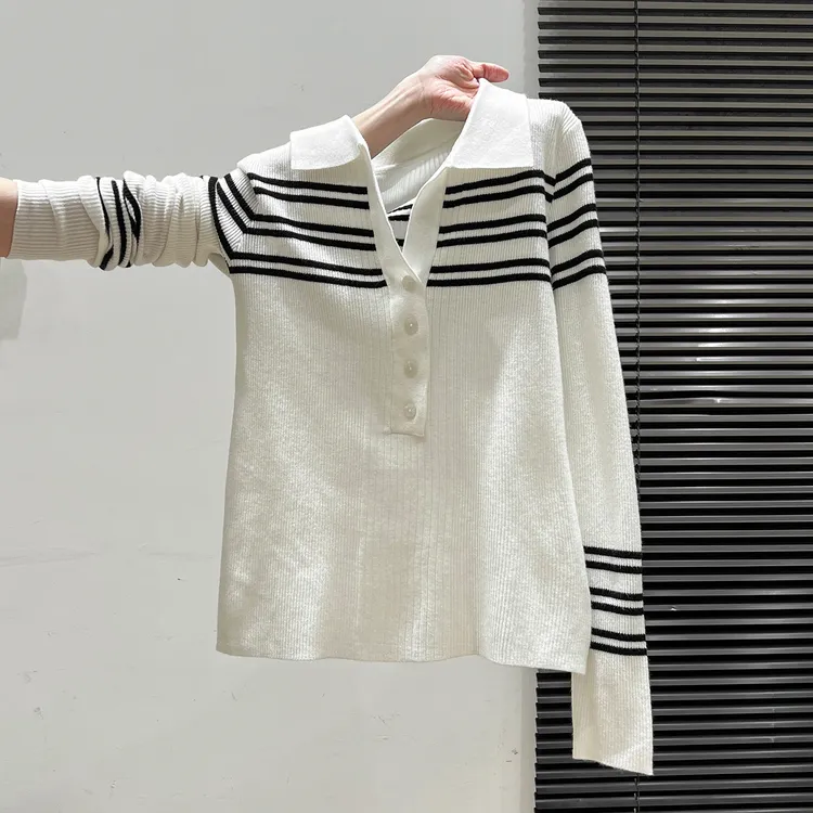韩系黑白条纹polo领长袖针织衫女2025年秋季新款修身显瘦时尚上衣