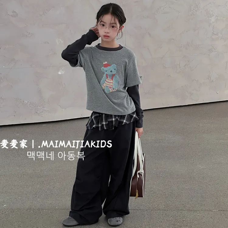 美式复古叠穿假两件上衣套装2025秋款女童格子裤新款中大童阔腿裤