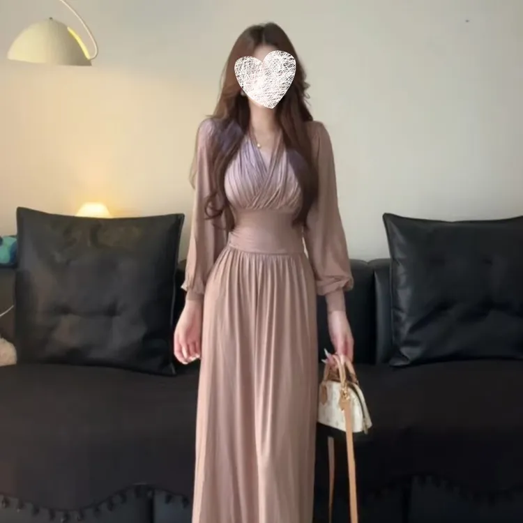 【林颜希专属】秋季新款时尚名媛气质法式长袖连衣裙V领高腰女秋装收腰显瘦8085#