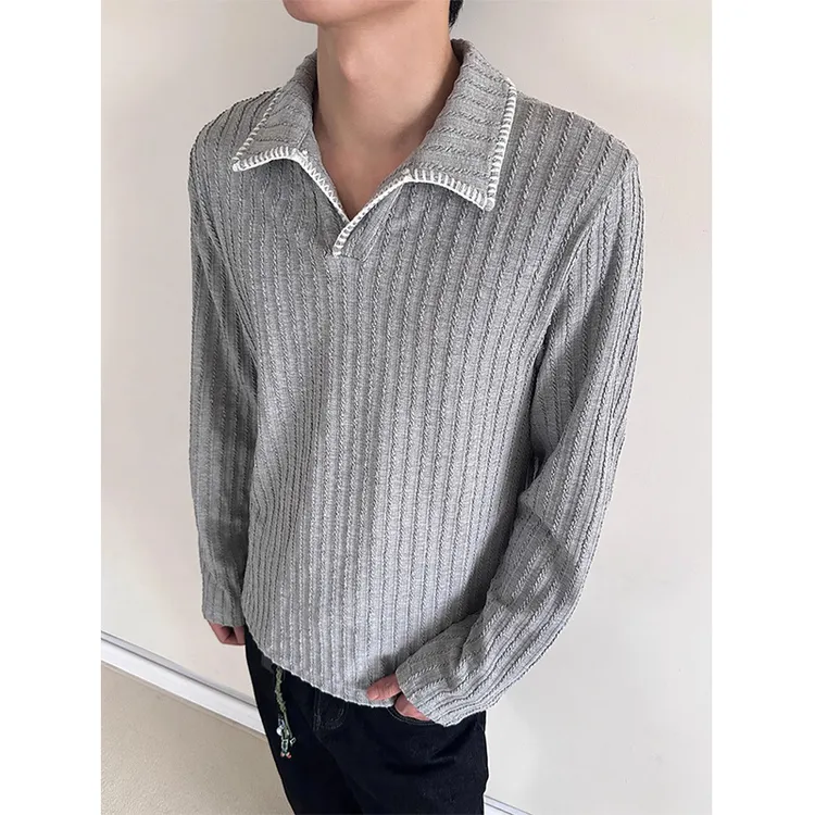 手缝线老钱风灰色长袖t恤男款高智感慵懒polo衫cleanfit翻领卫衣