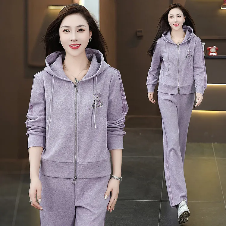 洋气休闲减龄运动套装女2025春秋新款纯色连帽时尚印花卫衣两件套