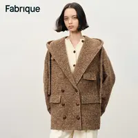 Fabrique Rue【生巧可可】秋冬绵羊毛双排扣连帽大廓形毛呢短款大衣