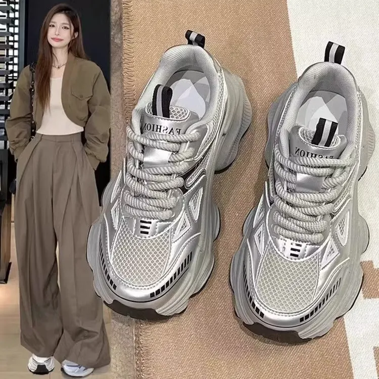 爆款老爹鞋女2025春夏季新款厚底增高网面透气百搭轻便运动休闲鞋