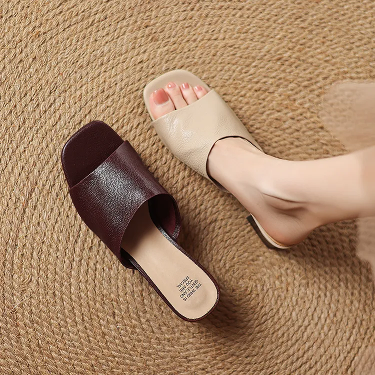 34-40码|5cm中跟|米白/酒红|陈摸鱼方头露趾粗跟气质舒适百搭拖鞋