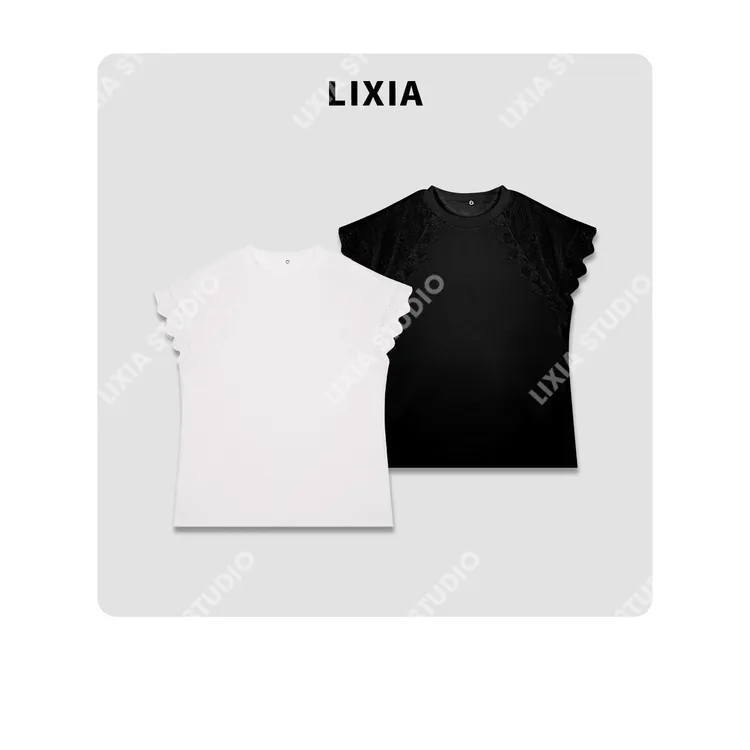 LIXIA【空间感】极简风镂空蕾丝插肩袖设计感飞袖T恤-D8217