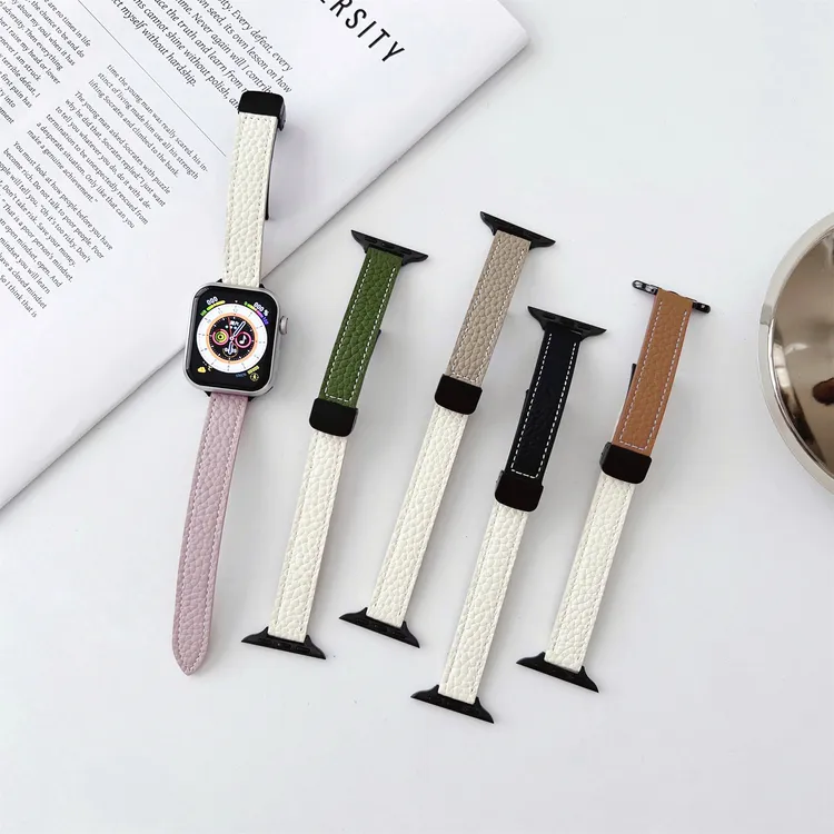 适用苹果Apple iWatchS10/9表带小蛮腰荔枝纹磁吸扣拼色真皮表带