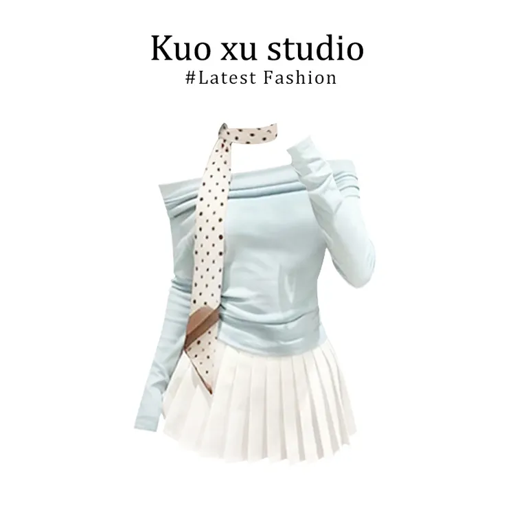 韩系chic长袖T恤女一字肩纯欲风露肩修身辣妹百搭上衣显瘦百褶裙