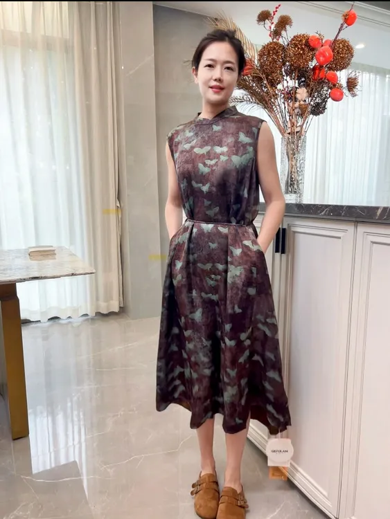 桑蚕丝香云纱连衣裙新中式裙子夏季复古中式印花套头显瘦连衣裙