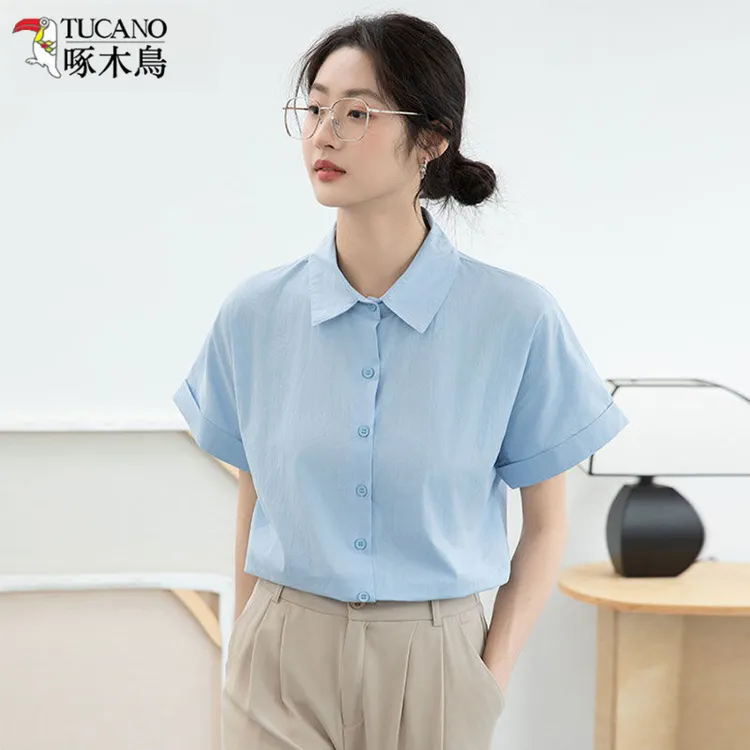 TUCANO/啄木鳥2025夏季通勤蓝色短袖衬衫女上衣职场穿搭白色衬衣