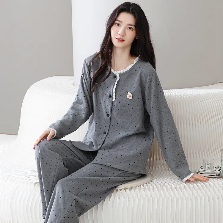 秋冬季加厚德绒波点长袖和尚领韩版少女保暖家居服睡衣女款秋冬