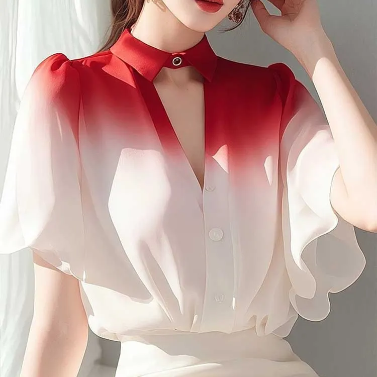 法式高级感好看气质小衫设计感遮肚子雪纺白色渐变衬衫女款夏季