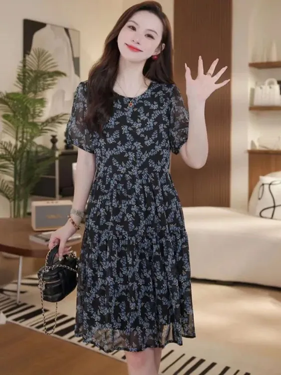 碎花短袖圆领法式收腰系带中长款显瘦夏季连衣裙
