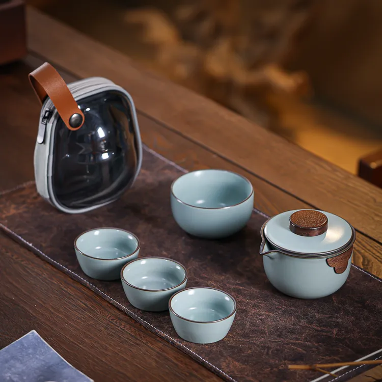 汝窑手抓壶旅行茶具便携式快客杯防烫高档一人饮户外功夫茶具茶壶