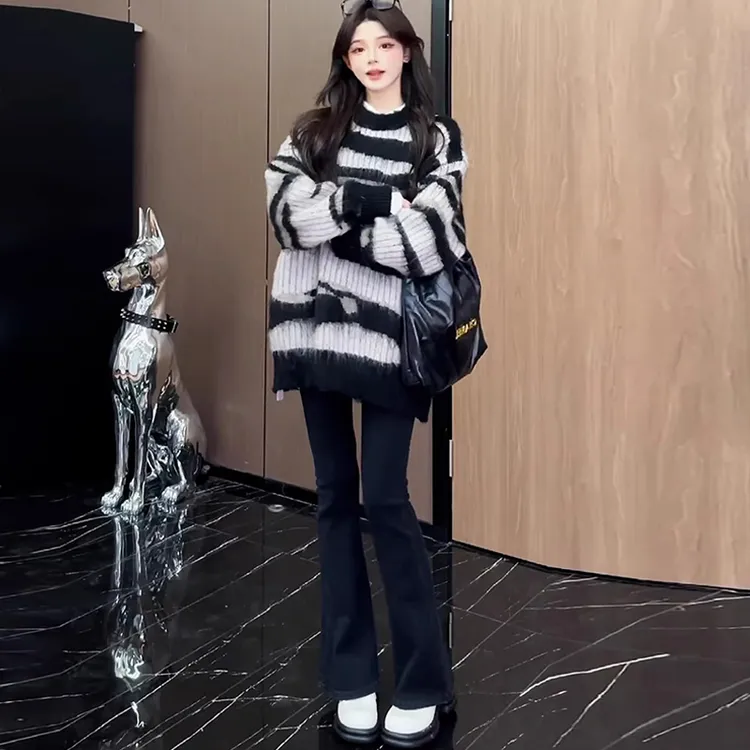 复古斑马条纹长袖针织衫毛衣女秋冬爆款宽松慵懒风设计感套头上衣