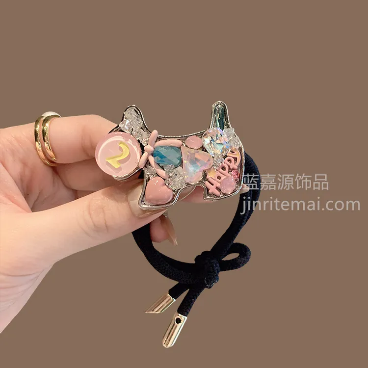 轻奢甜美水晶小狗头绳高级弹力耐用扎发发绳不伤发双股皮筋皮套女