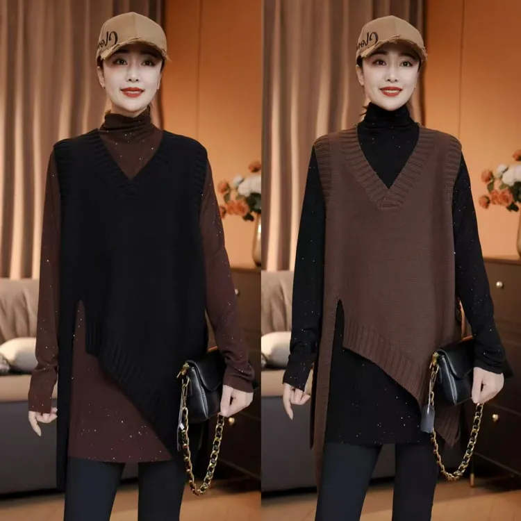 秋季新款 欧货V领不规则针织衫马甲时尚休闲百搭气质显瘦洋气减龄