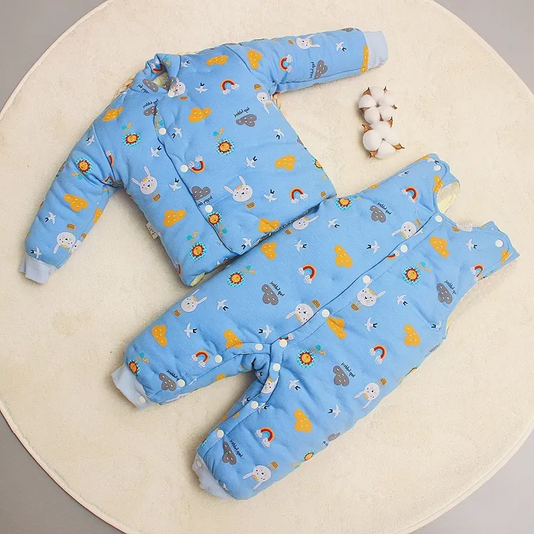 宝宝手工棉花连体闭档背带套装男女儿童加厚棉服秋婴幼儿保暖套装