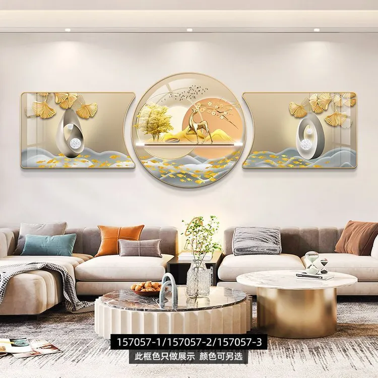轻奢客厅装饰画现代简约沙发背景墙三联挂画中式家和福禄晶瓷壁画
