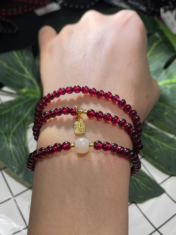 情生缘毕业级天然石榴石三圈手链DIY多圈珠子酒红石榴石金色手饰