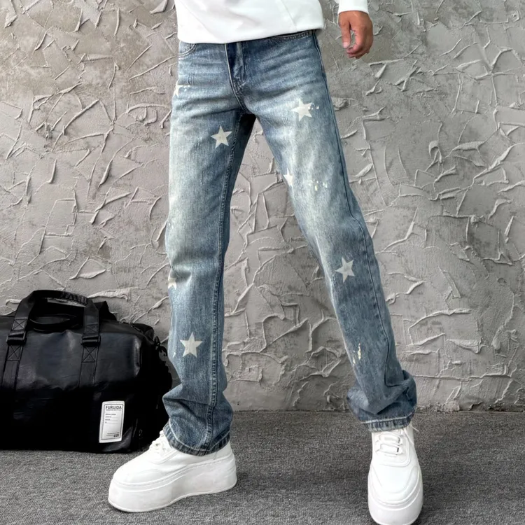 美式高街水洗男士牛仔裤直筒宽松星星显高显腿长中腰百搭面料柔软