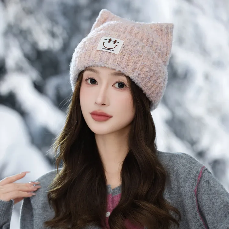 秋冬季女士户外休闲毛线帽甜美百搭猫耳朵毛绒保暖帽子韩版时尚新