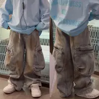 乐乐家儿童高街手工擦色拼接立体弯刀复古口袋牛仔裤春秋季水洗裤