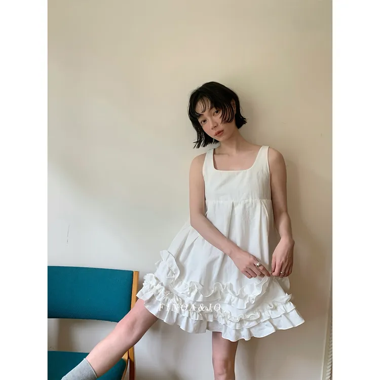 费挪 FINOA十三行韩式日系纯色小个子简约感木耳边连衣裙